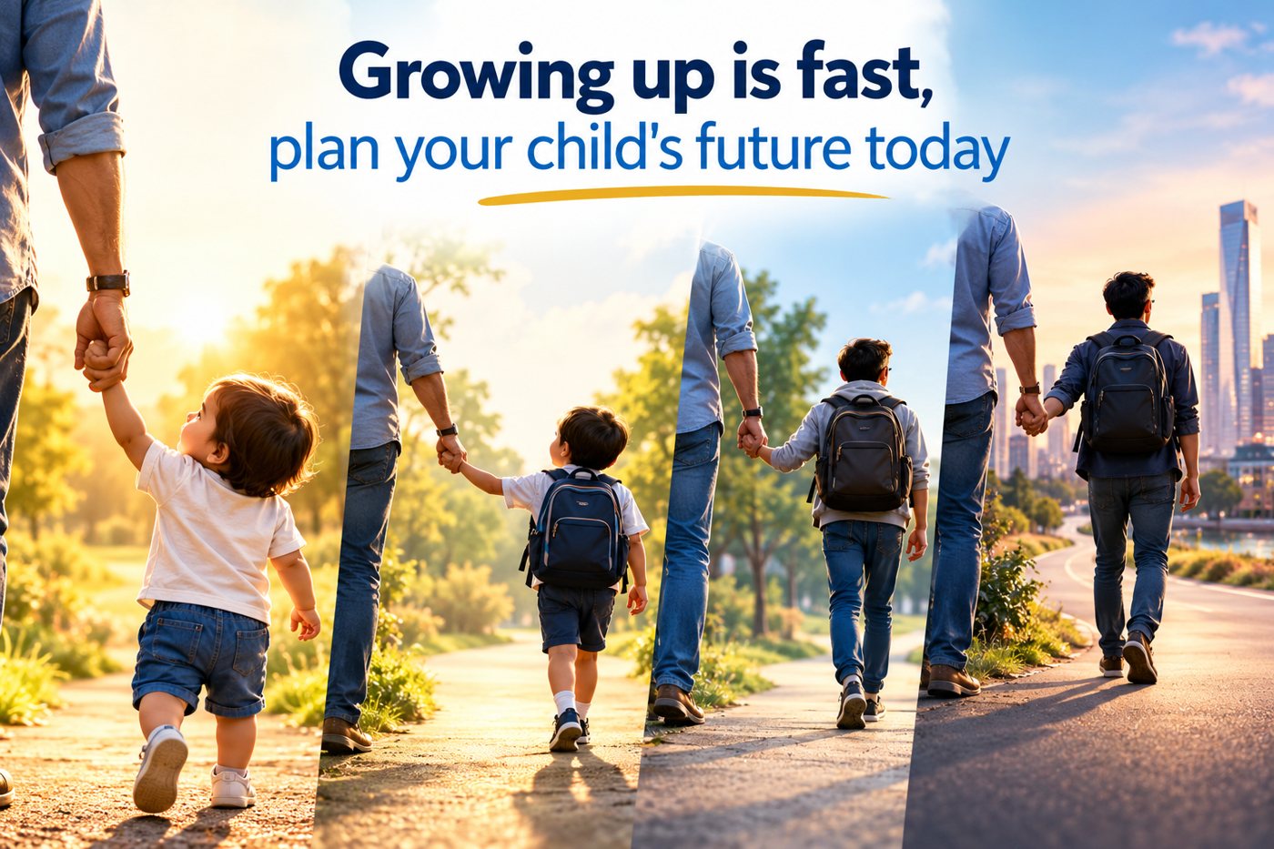 A father holding his child's hand as the child grows from a toddler to a schoolboy to a young man. Growing up is fast, plan your child's future today.
