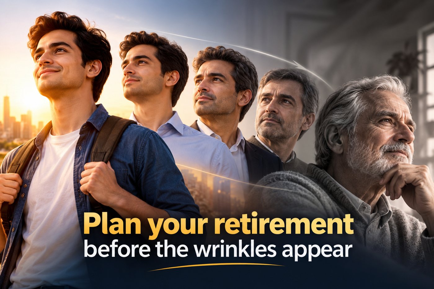 A man shown at five stages of life, from young adult to retirement. Plan your retirement before the wrinkles appear.